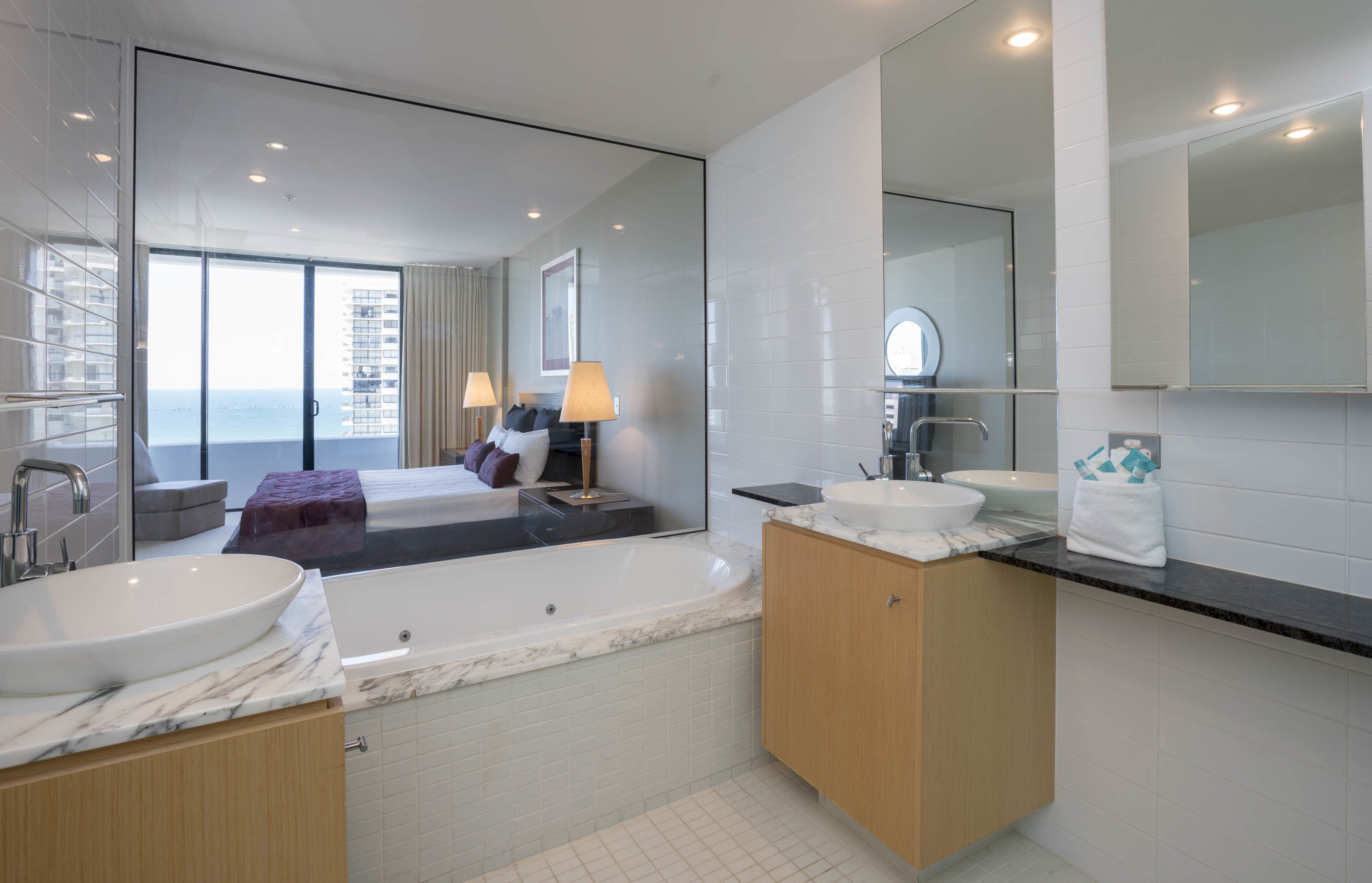 separate bathtub and shower, free toiletries, hair dryer, towels