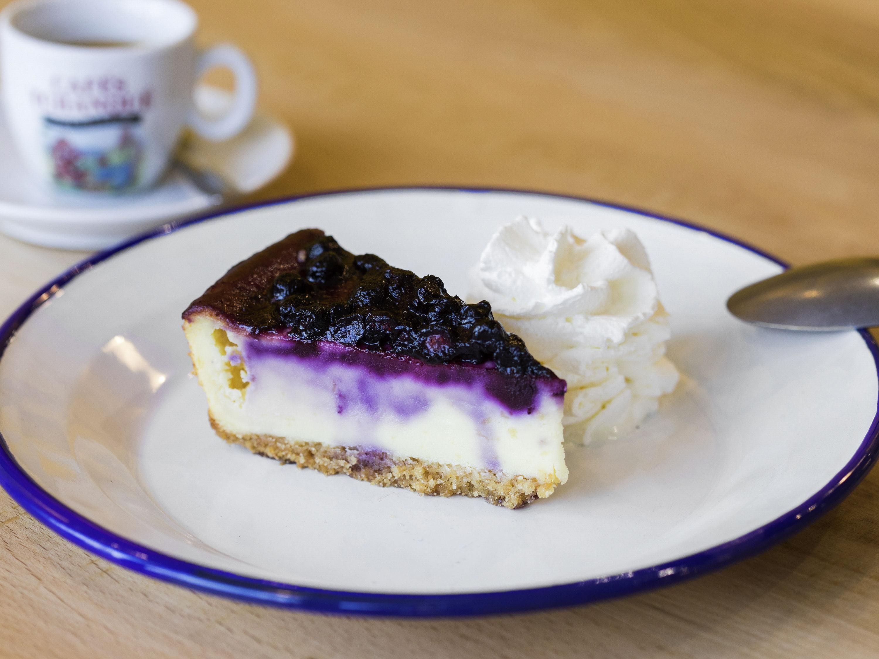 A slice of blueberry cheesecake with whipped cream on a white plate with a blue rim.