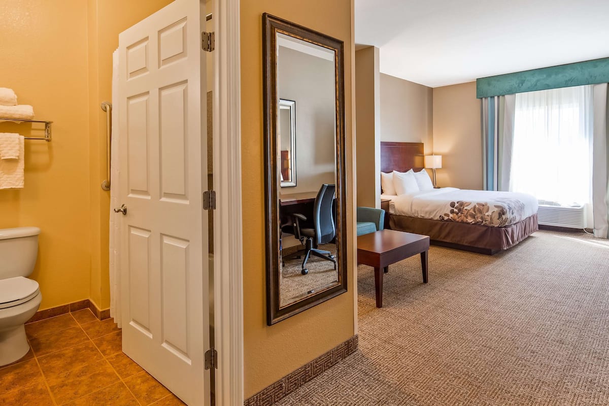 premium bedding, desk, laptop workspace, blackout curtains