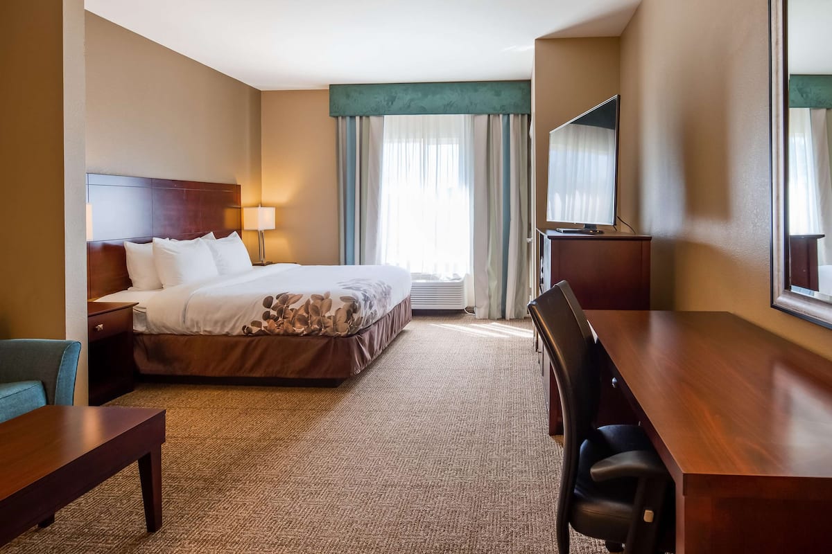 A hotel room with a bed, a desk, a chair, a lamp, a TV, and a window with curtains.