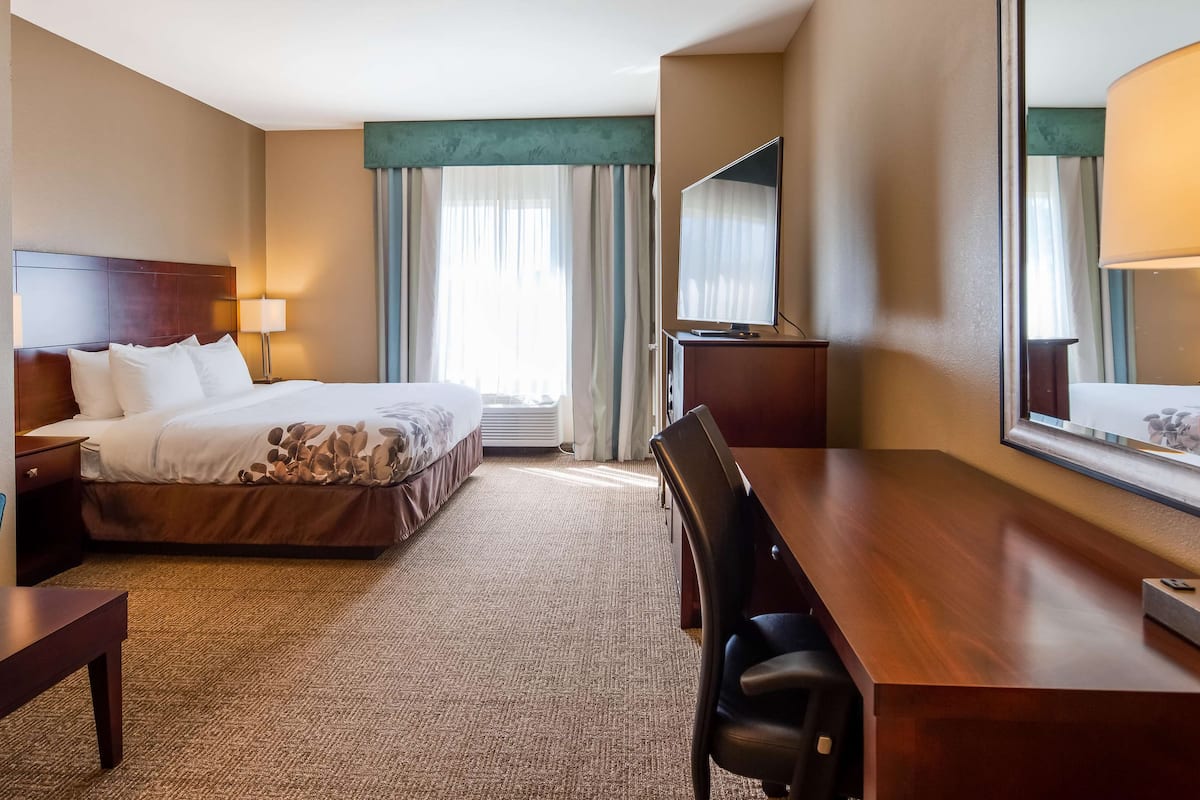 premium bedding, desk, laptop workspace, blackout curtains
