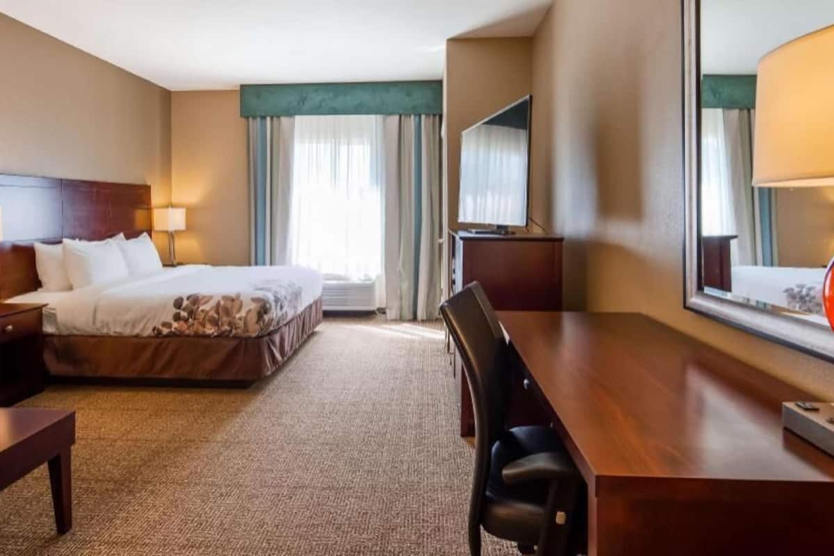 A hotel room with a bed, a desk, a chair, a TV, and a window with curtains.