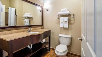 A bathroom with a granite countertop sink, a mirror, a toilet, and towel racks.