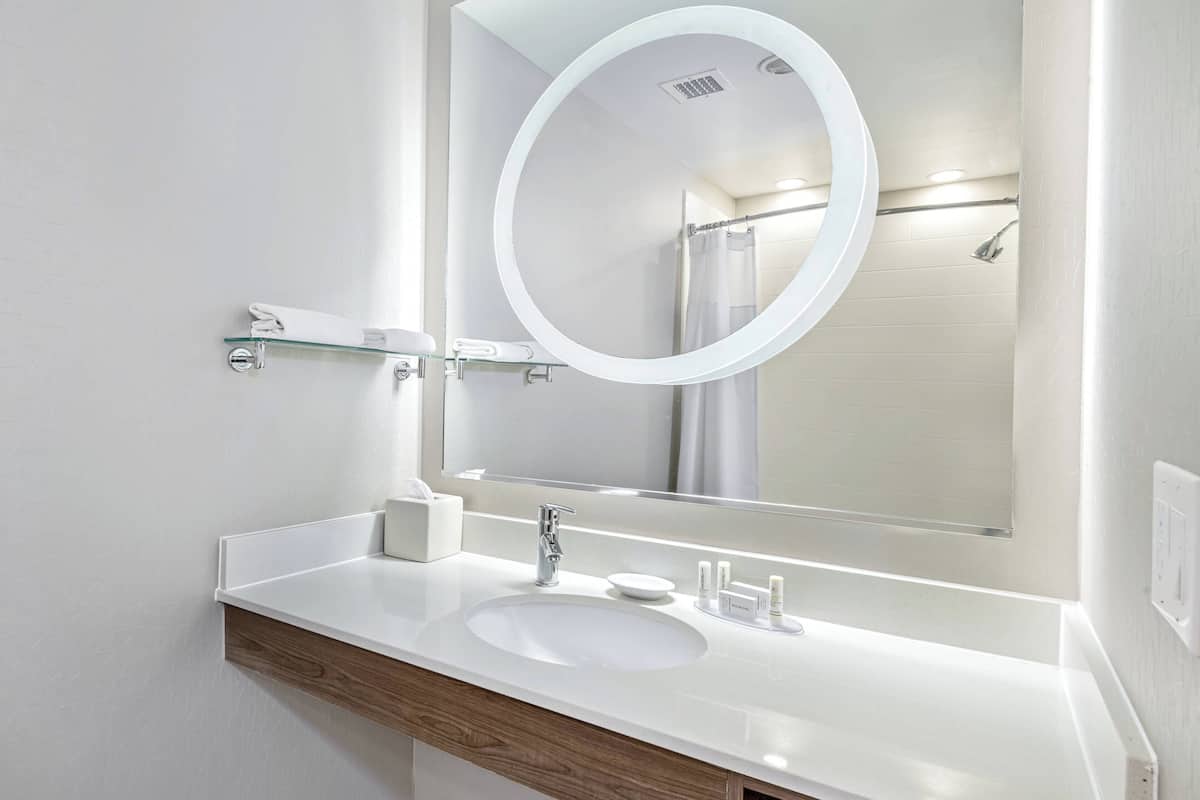 combined shower/bathtub, free toiletries, hair dryer, towels