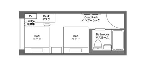 A room layout with a TV, desk, fridge, two beds, coat rack, and bathroom.
