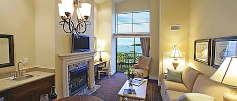 36-inch flat-screen TV with satellite channels, TV, fireplace