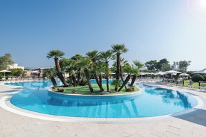 Outdoor pool, pool umbrellas, pool loungers