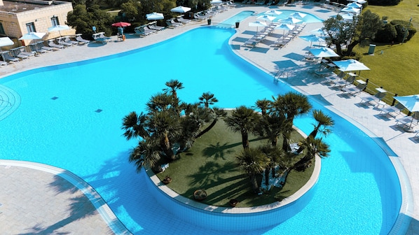 Outdoor pool, pool umbrellas, pool loungers