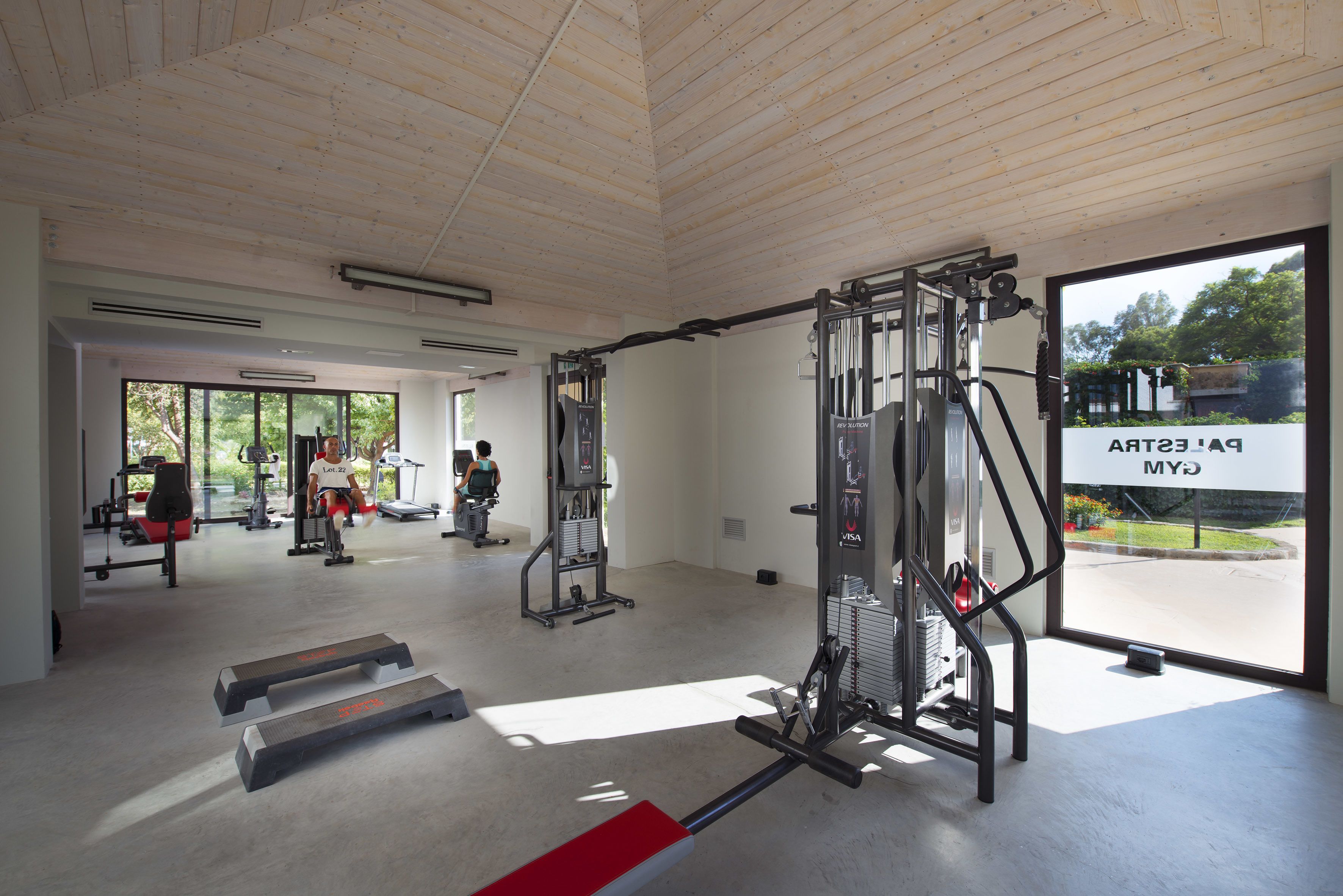 A gym with various exercise equipment, large windows, and a wooden ceiling.