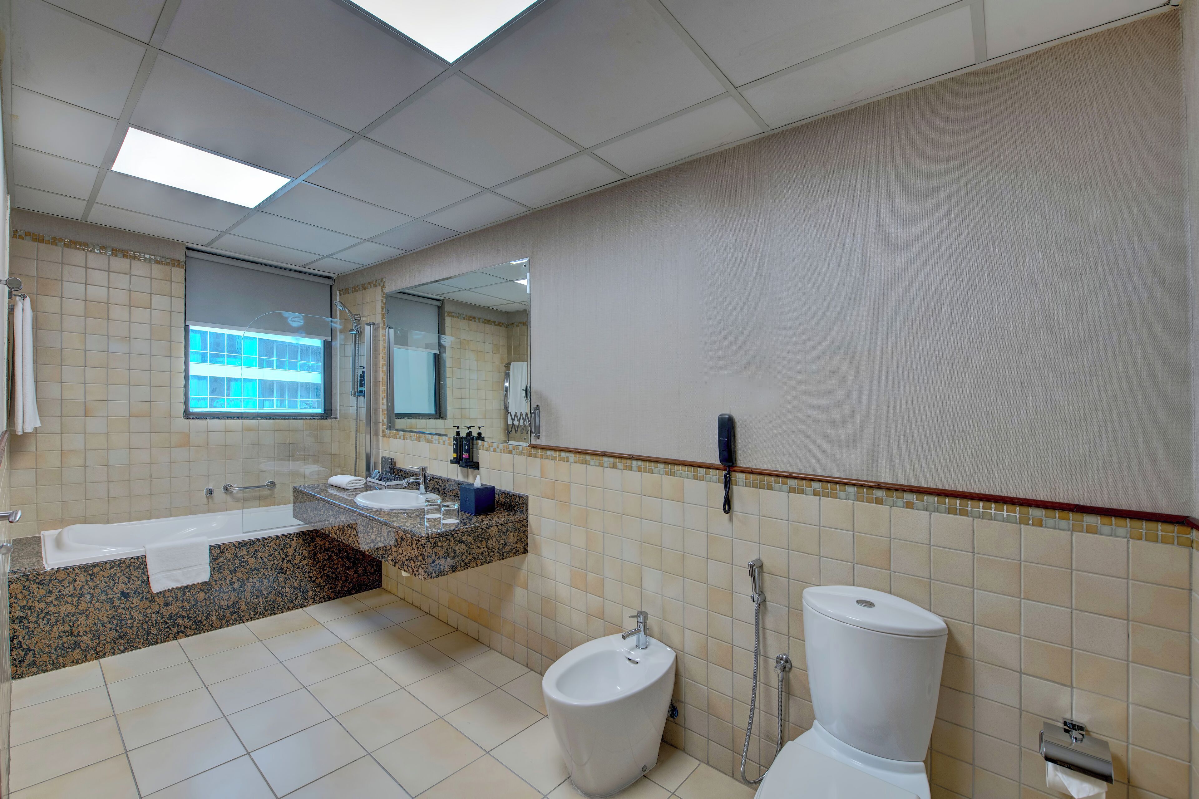 Un baño moderno con bañera, lavabo, bidé, inodoro y un espejo grande.