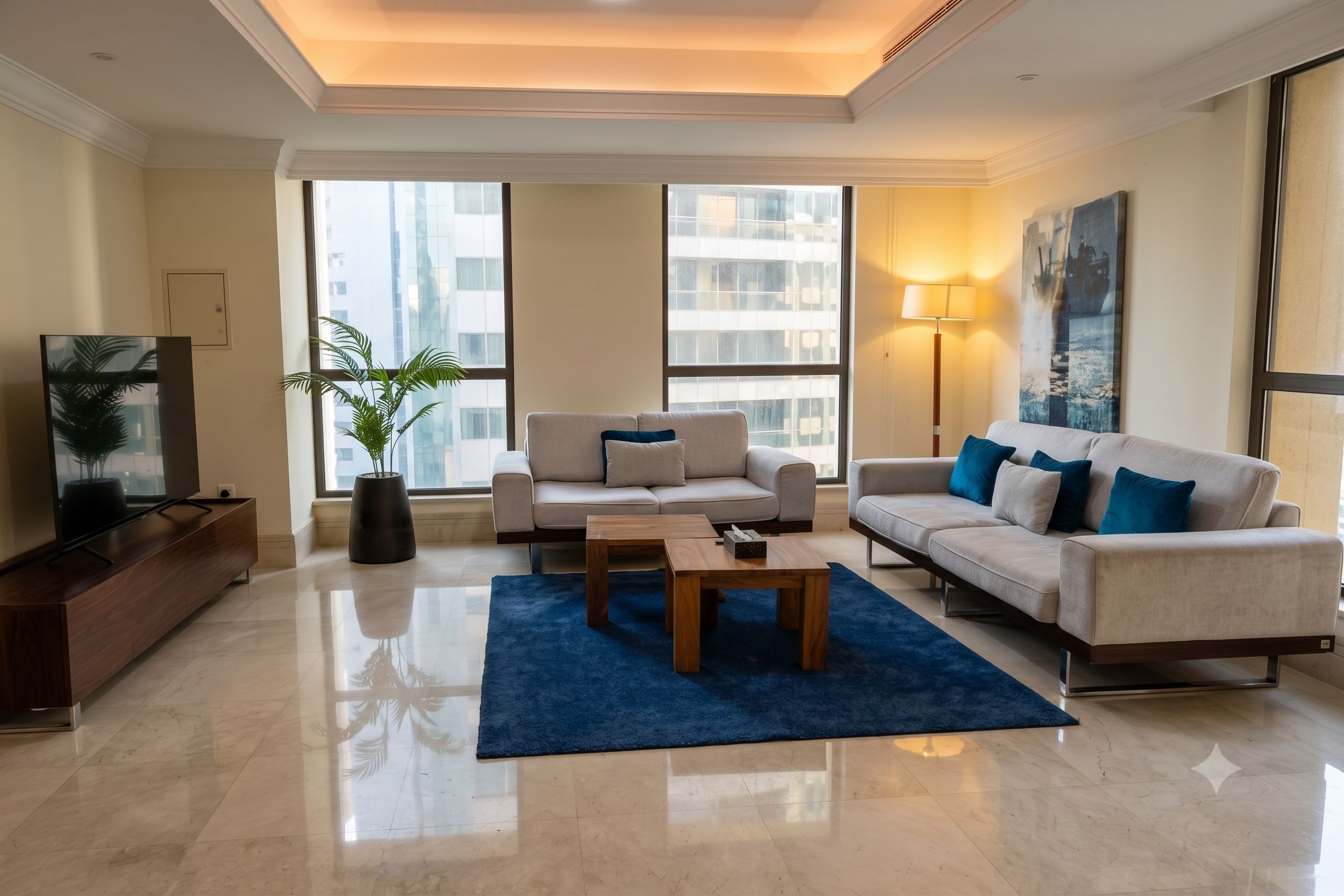 A modern living room with a sofa, a coffee table, a TV, and a large window with a city view.