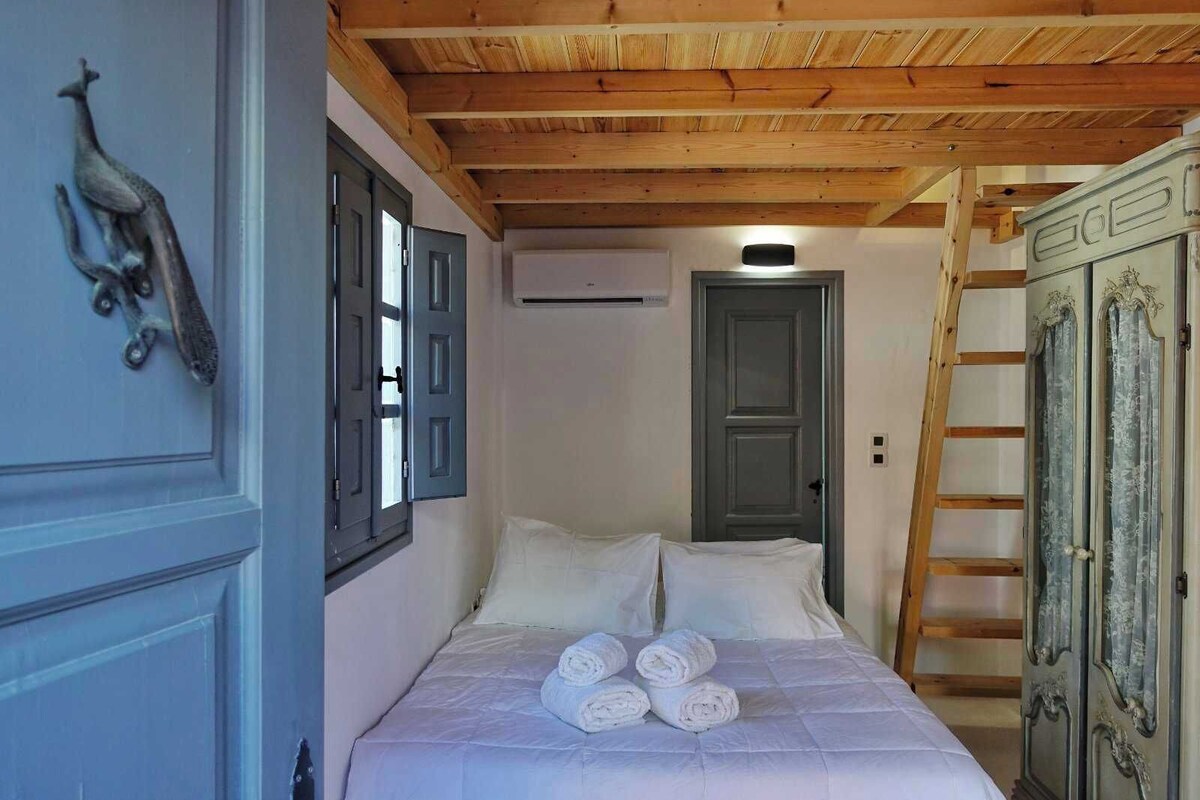 A bedroom with a bed, a wooden ceiling, a wardrobe, and a door.