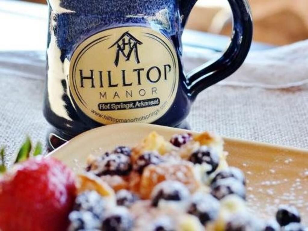 A mug with the text "HILLTOP MANOR Hot Springs, Arkansas" and a plate of food with berries and whipped cream.