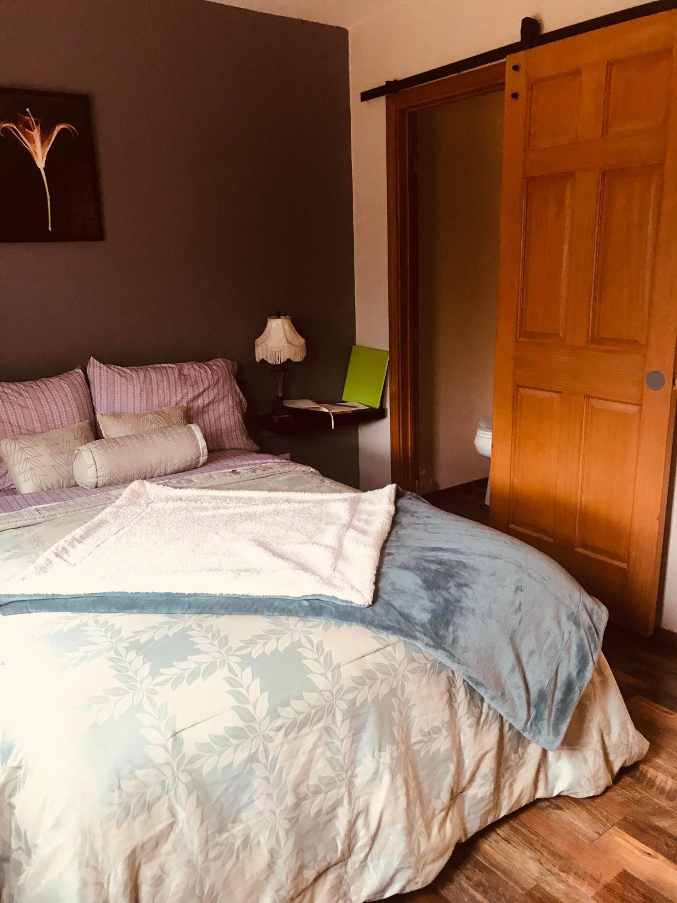 A bedroom with a bed, a nightstand, a lamp, and a wooden door.