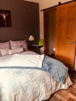 A bedroom with a bed, a nightstand, a lamp, and a wooden door.