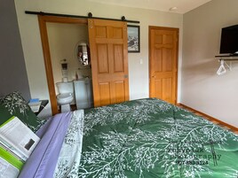 Un dormitorio con cama, armario, inodoro y espejo.