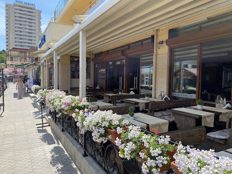 An outdoor cafe with wooden tables and chairs, potted plants, and a building with a sign in the background.