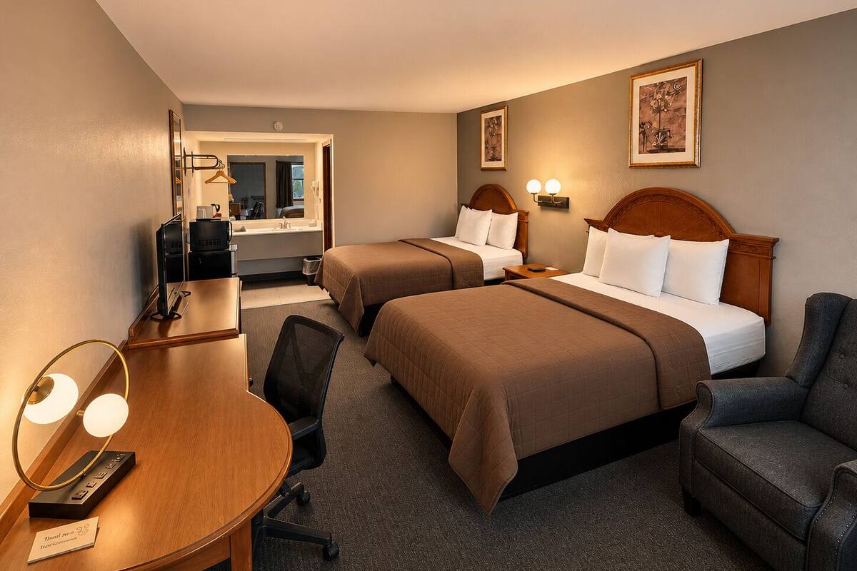 A hotel room with two beds, a desk, a chair, a mirror, and a small table with a lamp.