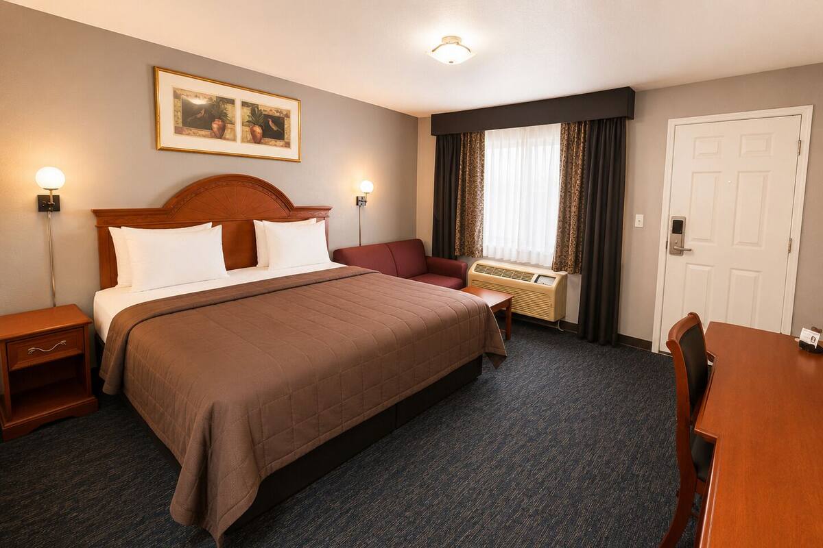 A hotel room with a bed, a desk, a chair, a nightstand, a window with curtains, a door, and a wall-mounted picture.