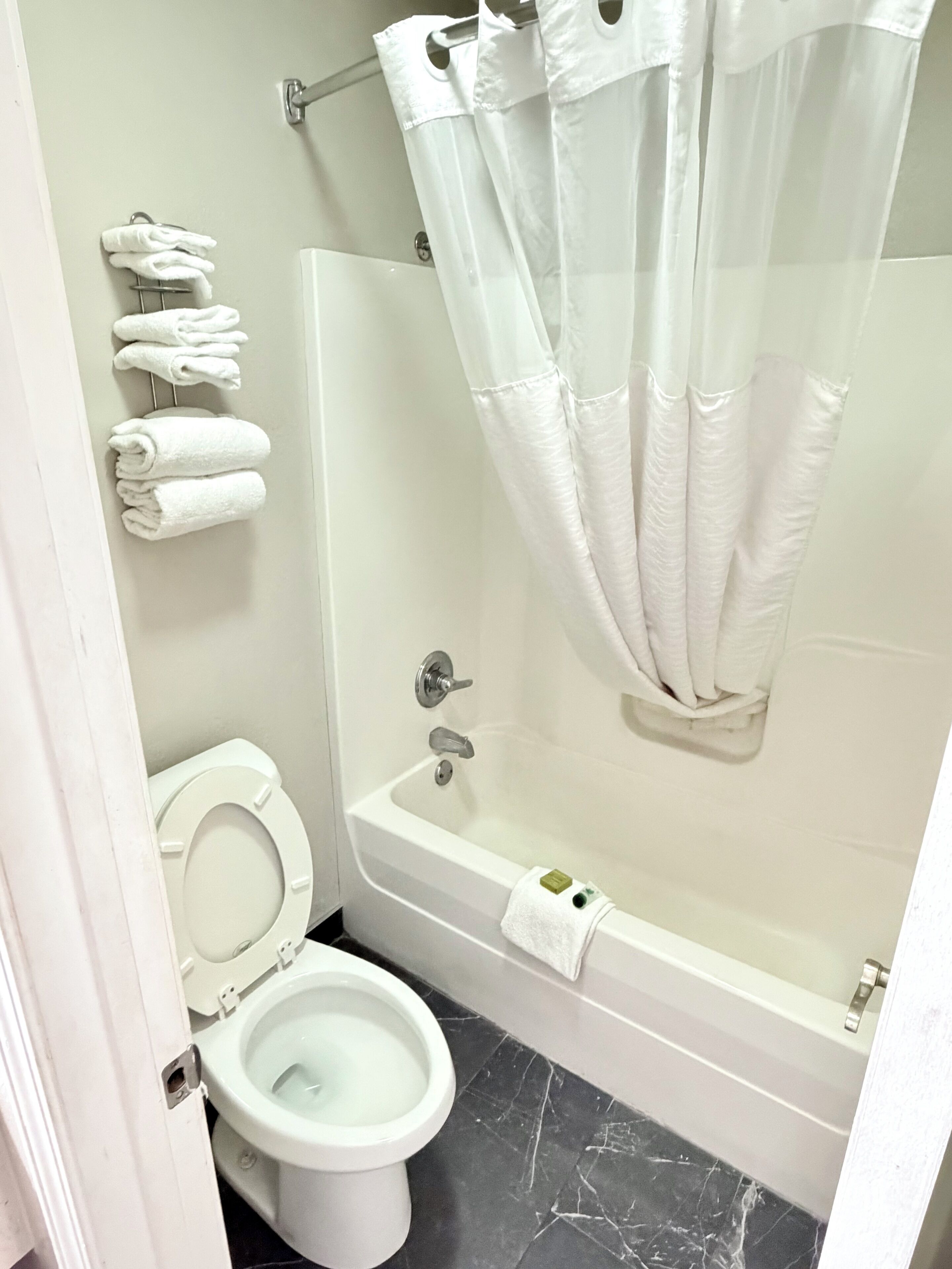 A bathroom with a toilet, bathtub, and shower curtain.