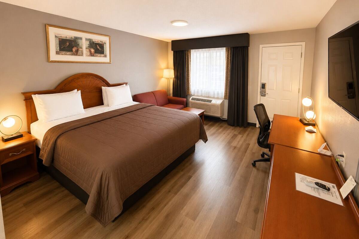 A hotel room with a bed, bedside table, lamp, desk with chair, air conditioning unit, and a door.