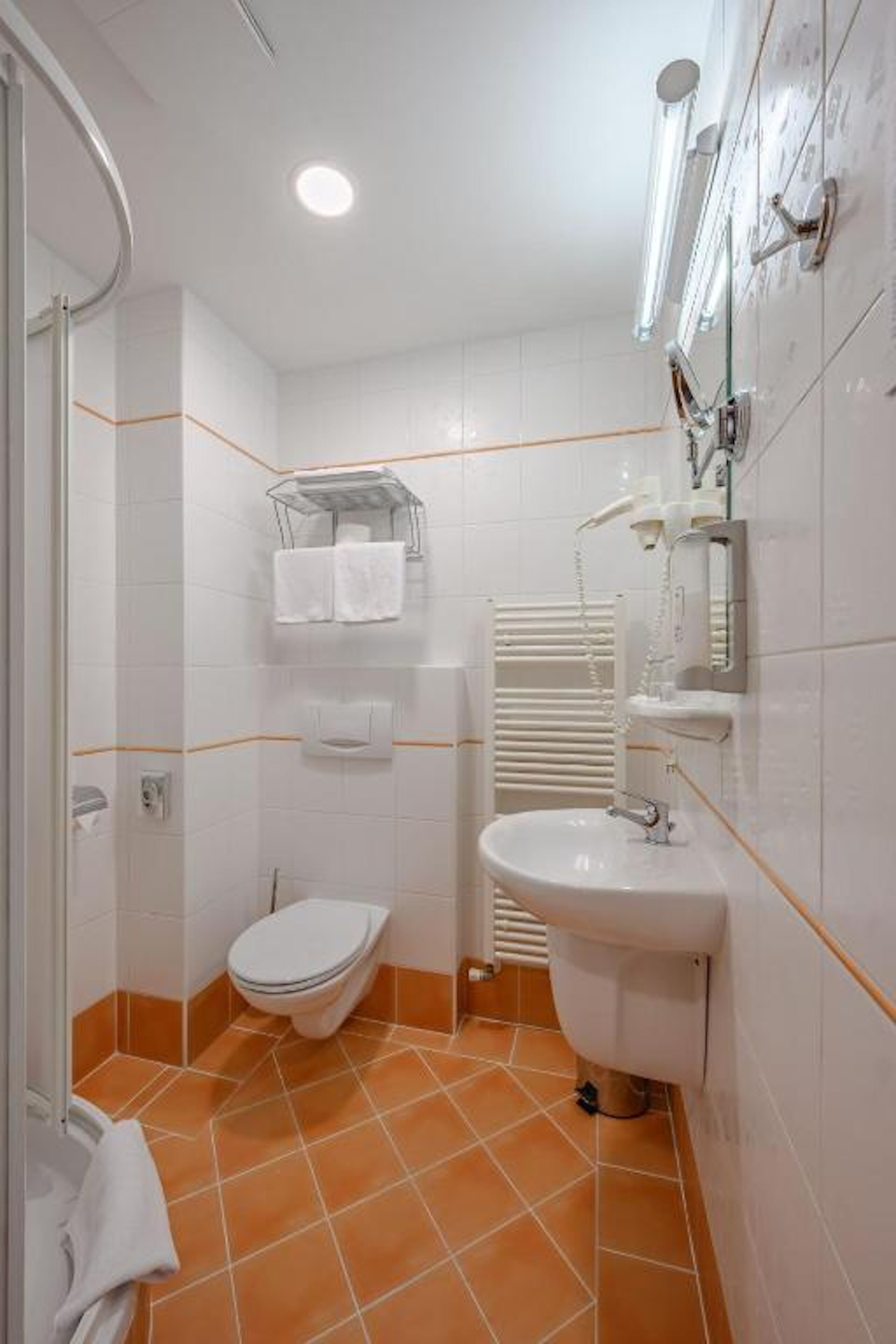 Une salle de bain avec des toilettes, un lavabo et une douche.