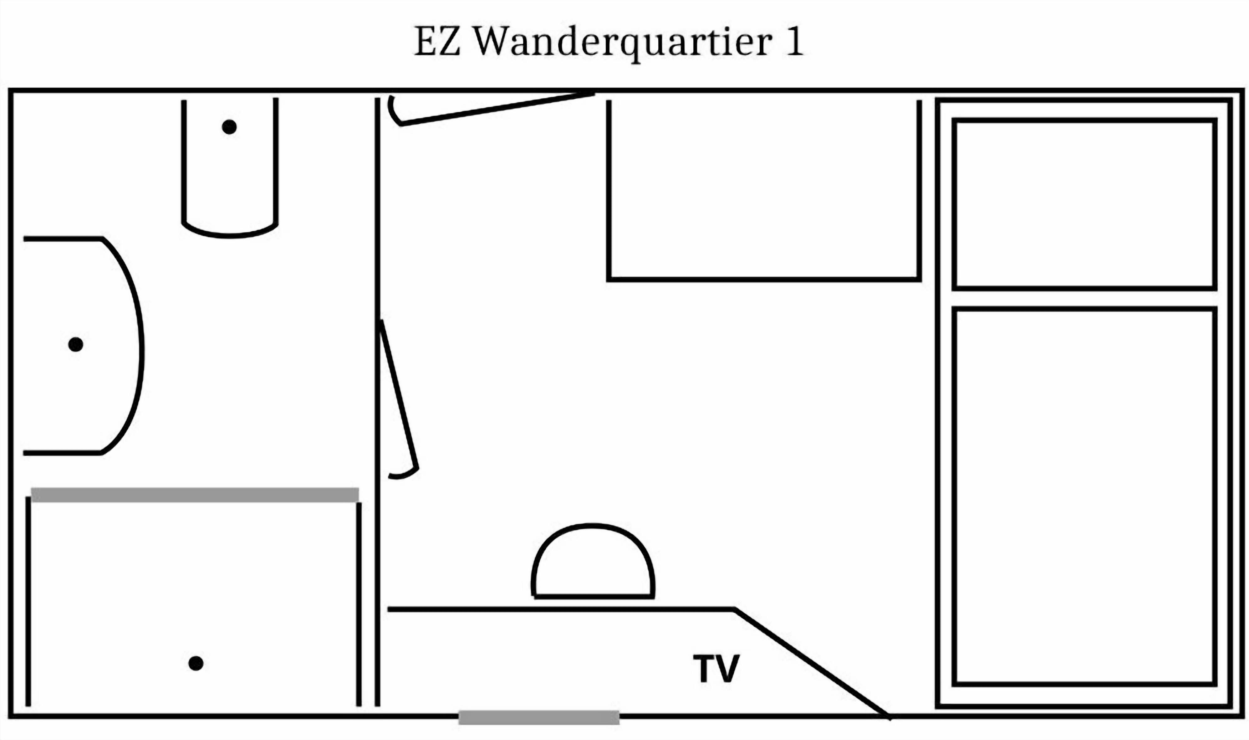 Distribución sencilla de una habitación con televisor, una mesita y una silla.