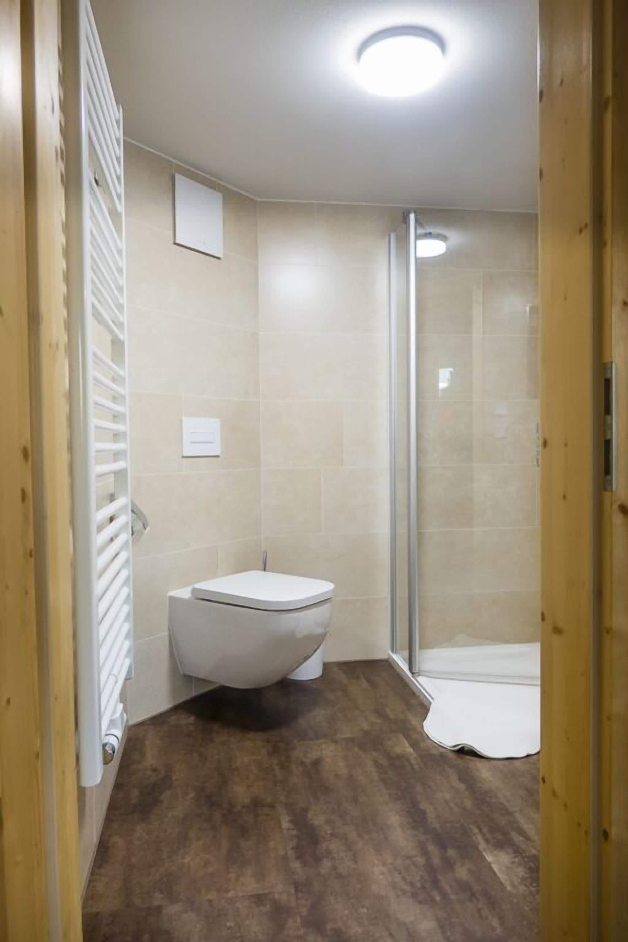 A bathroom with a toilet, shower, and wooden floor.