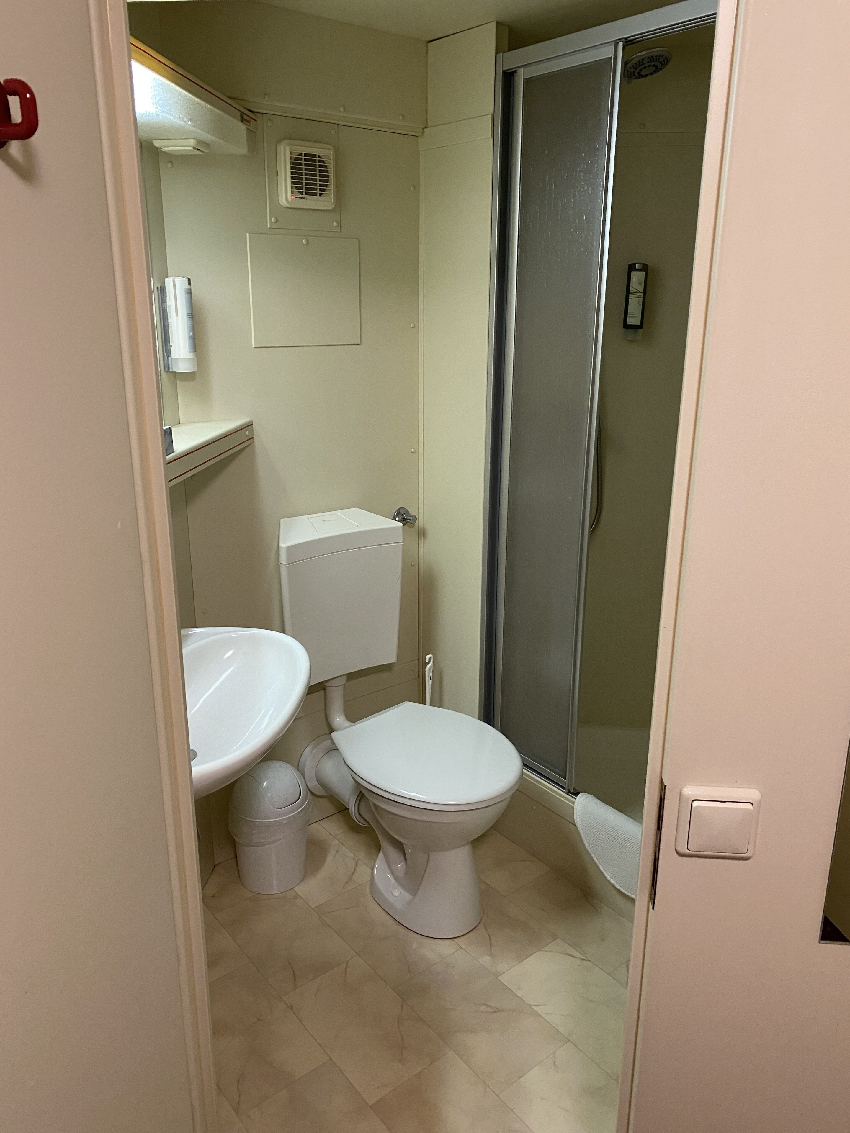 A small bathroom with a toilet, sink, and shower.