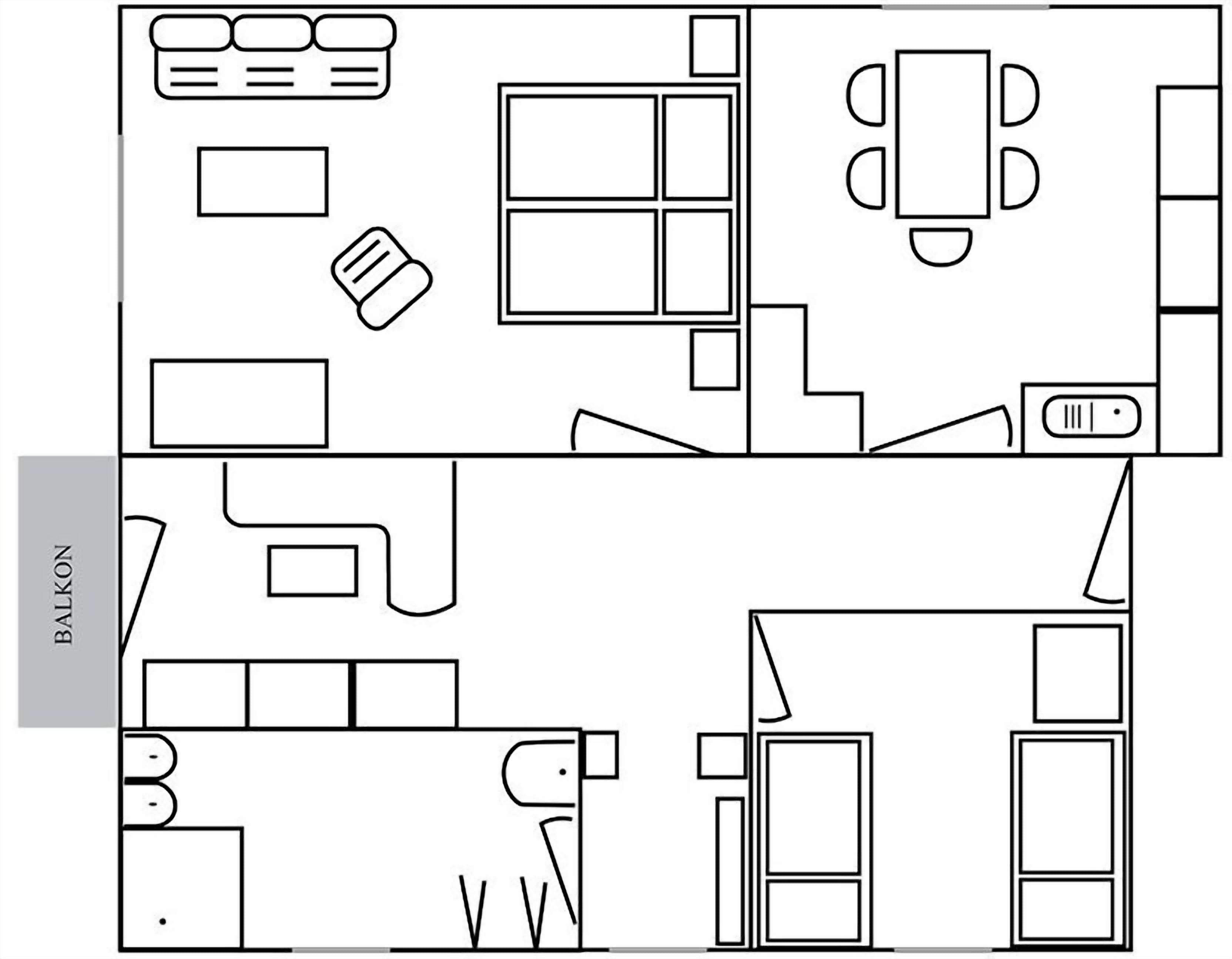 Ein Grundriss mit Balkon, einem Essbereich mit Tisch und Stühlen sowie einer Küchenzeile.