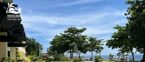 A clear blue pool surrounded by tropical landscaping, with a view of the ocean and a beach resort in the background.