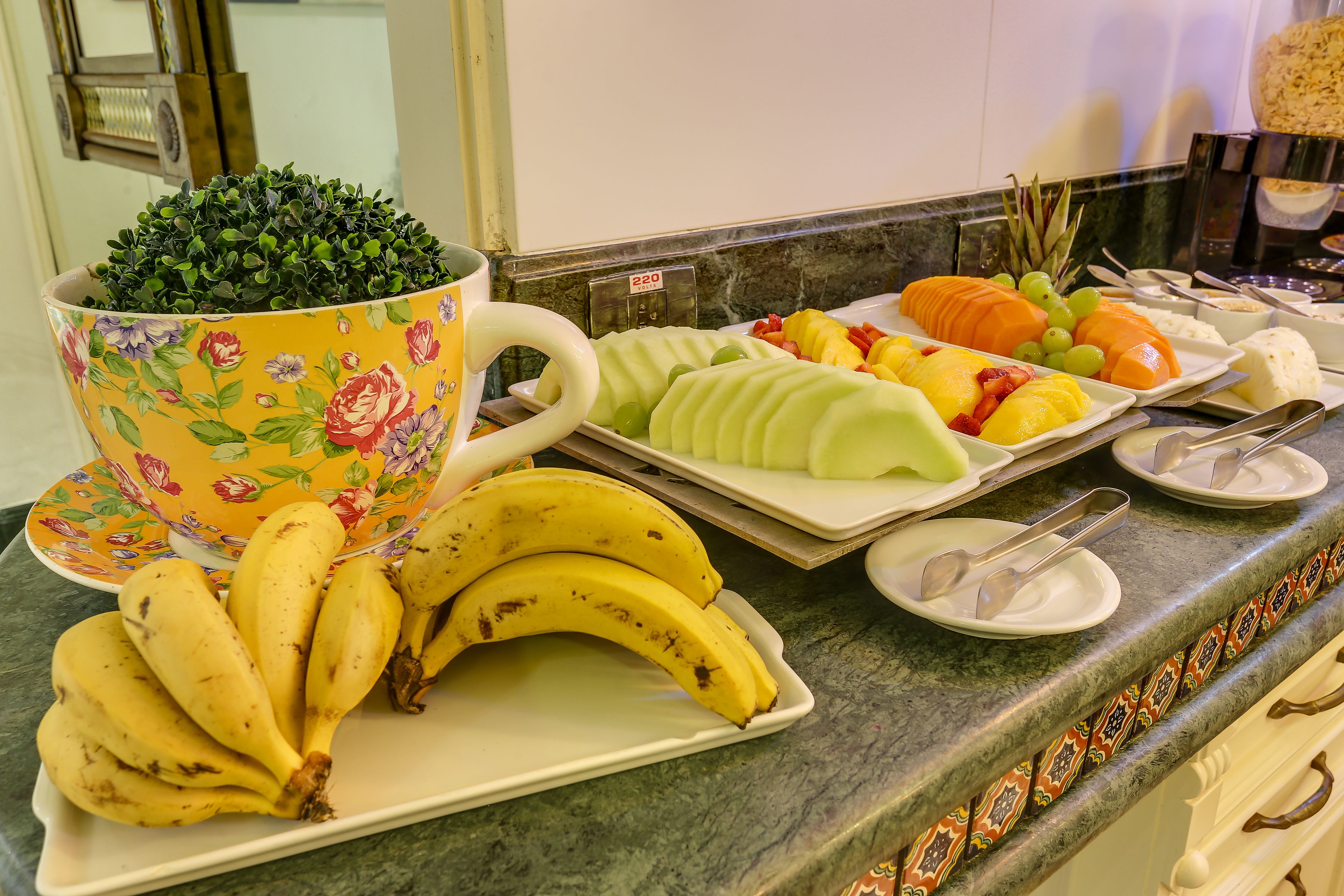 A buffet table with various fruits and a decorative plant in a floral mug.