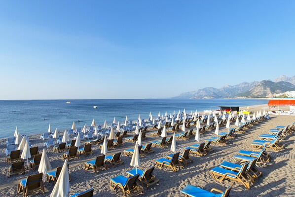 Plage à proximité, sable noir, chaises longues, parasols