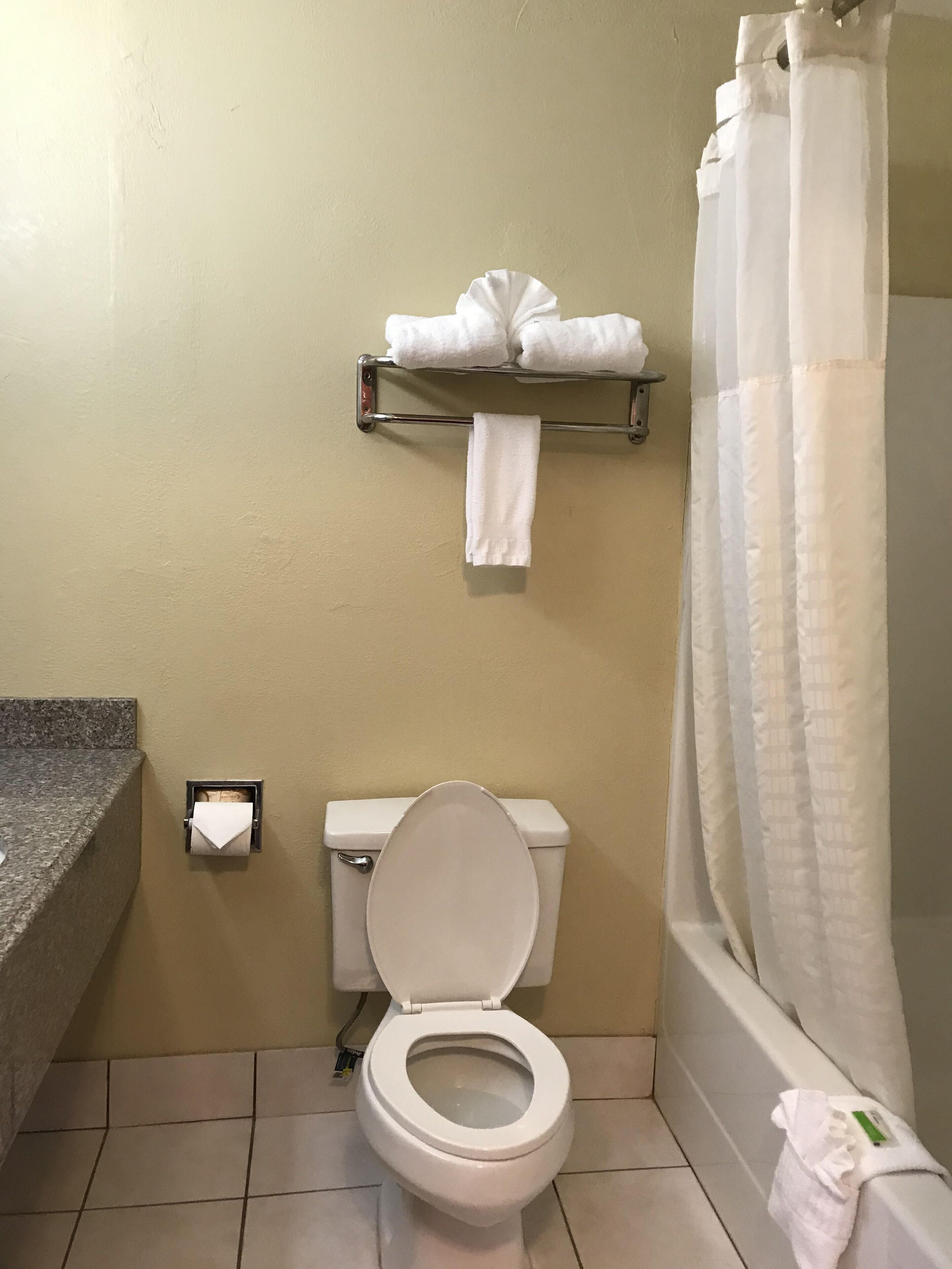 A bathroom with a toilet, a towel rack with towels, a paper towel dispenser, and a shower curtain.