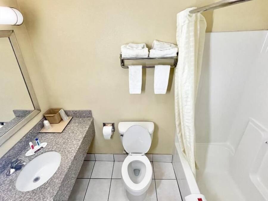 Un baño con inodoro, lavamanos y ducha.