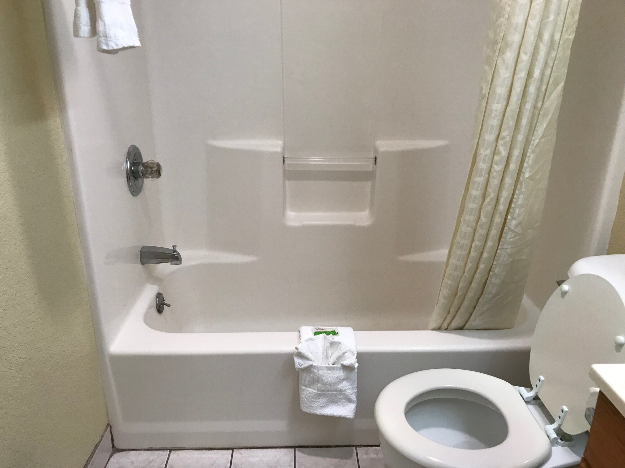 A bathroom with a bathtub, toilet, and a shower curtain.