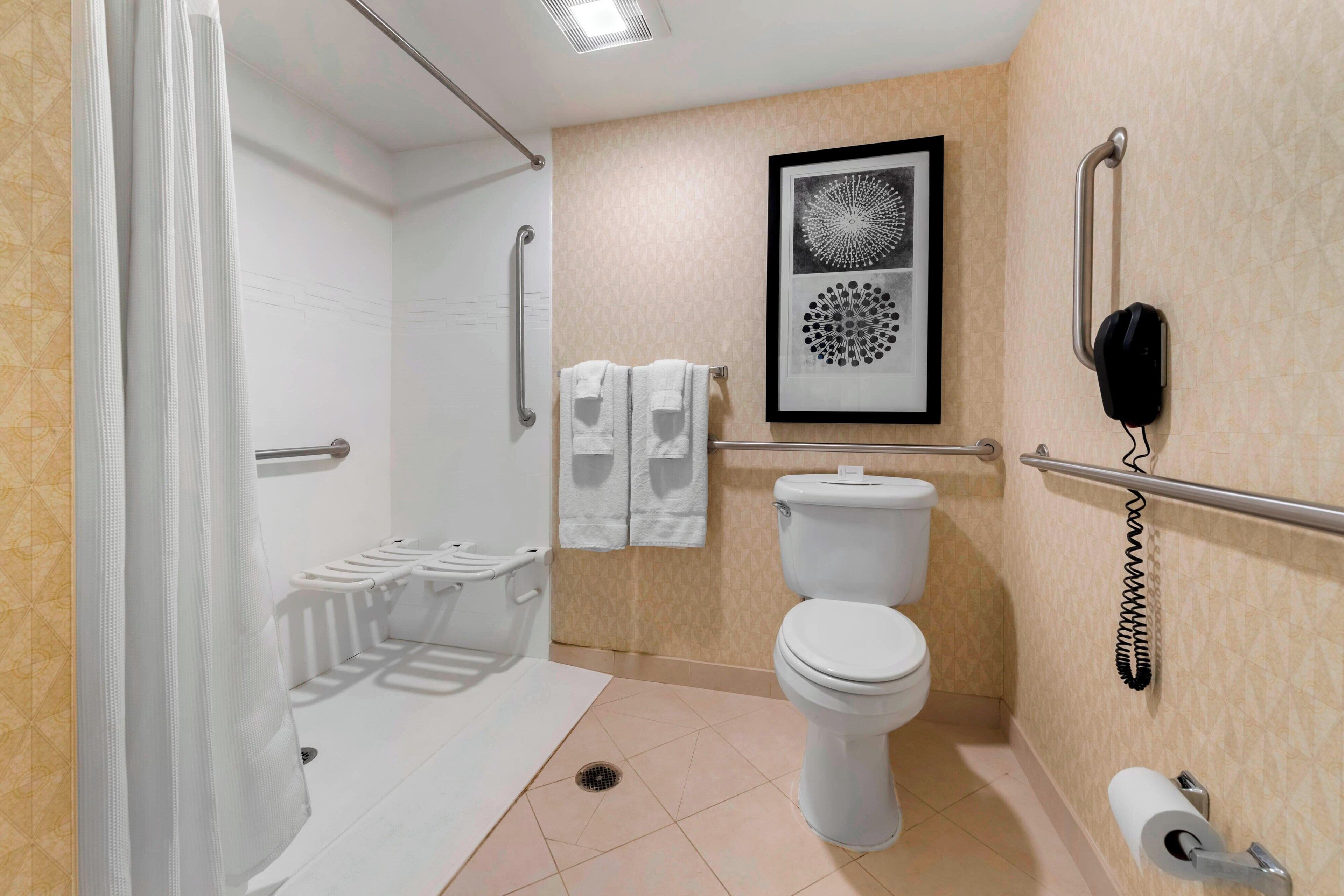 Une salle de bain moderne équipée d’une douche, de toilettes et de barres d’appui.