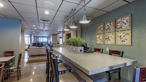 A modern restaurant with a long counter, bar stools, and a potted plant centerpiece.