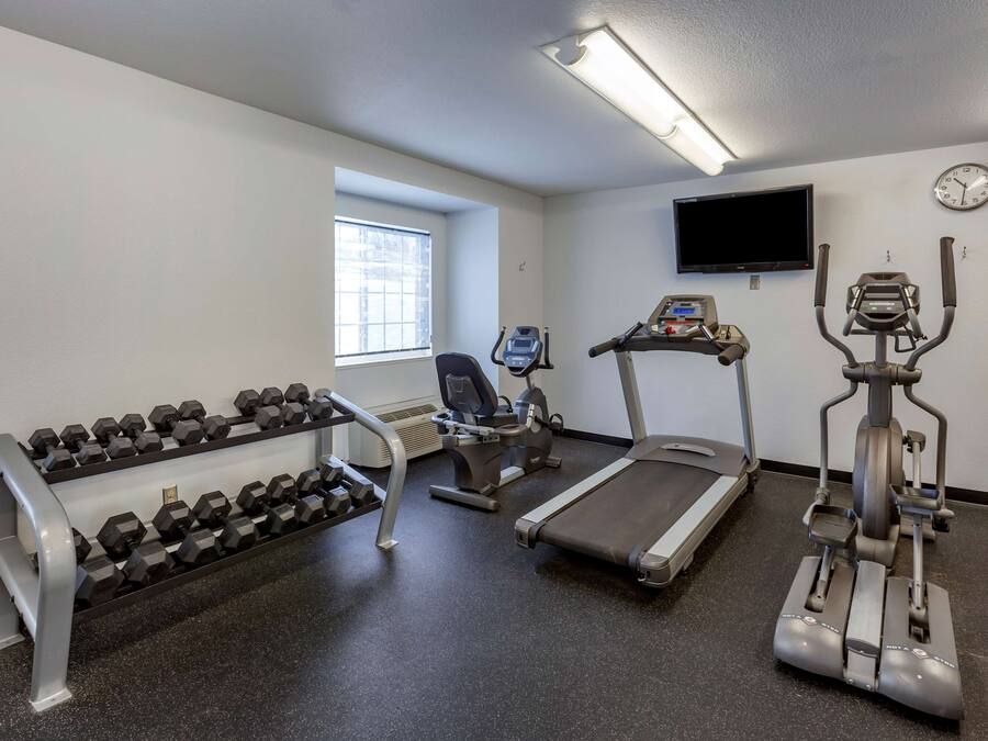 A gym with treadmills, an elliptical, and a rack of dumbbells.