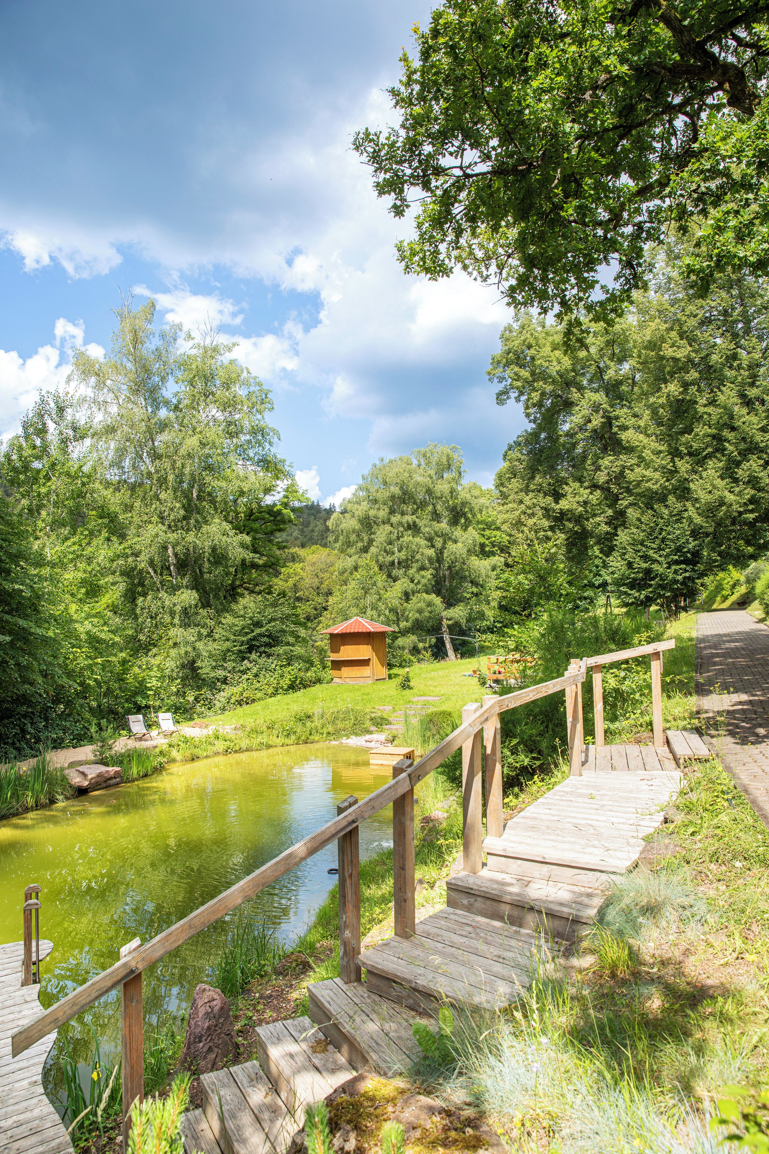 Un pont en bois mène à une petite construction également en bois, située au bord d’un étang entouré d’une végétation luxuriante.