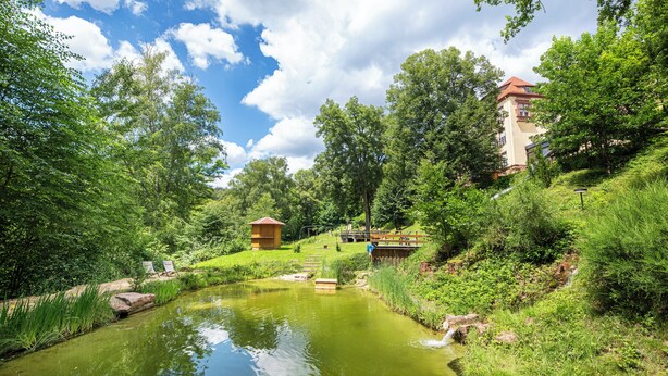 Un étang paisible, bordé d’une végétation luxuriante, une petite construction en bois et un bâtiment avec un toit rouge.
