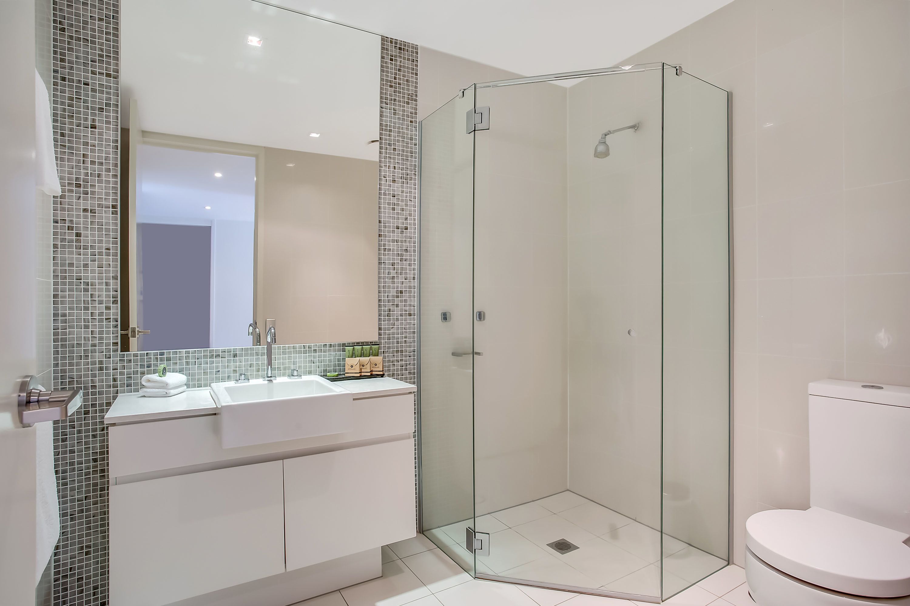 Une salle de bain moderne avec une douche à parois de verre, un lavabo blanc et des toilettes.