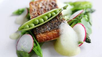 A plate with a piece of salmon, pea pods, radish slices, and greens.