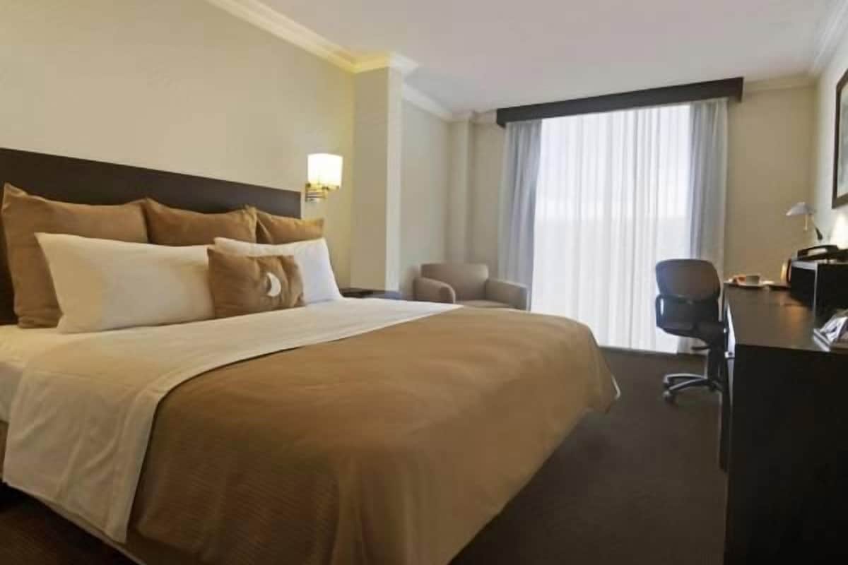 A hotel room with a large bed, a desk, a chair, and a window with curtains.
