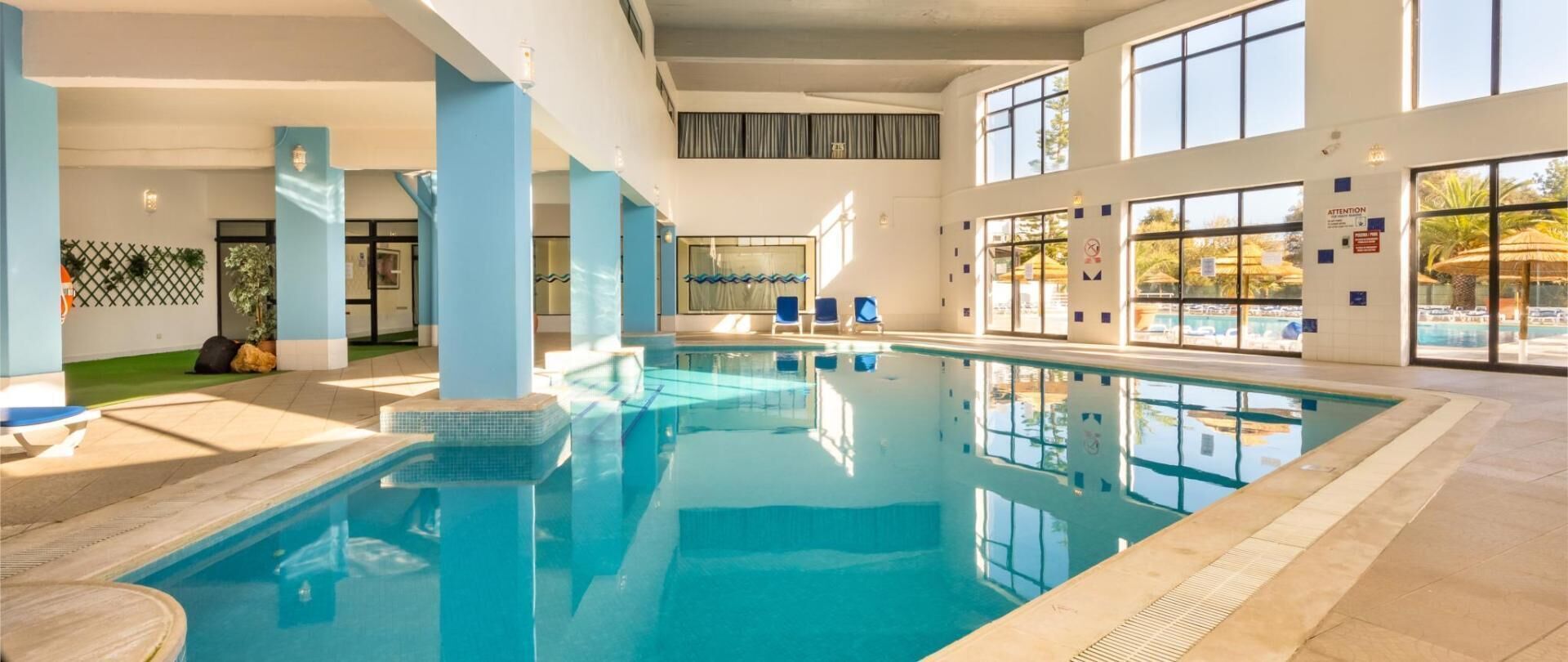 indoor pool, 2 outdoor pools, pool loungers