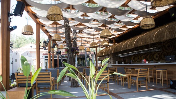 Un espace extérieur aménagé avec des chaises et des tables en bois, un bar avec des tabourets et un toit de chaume.
