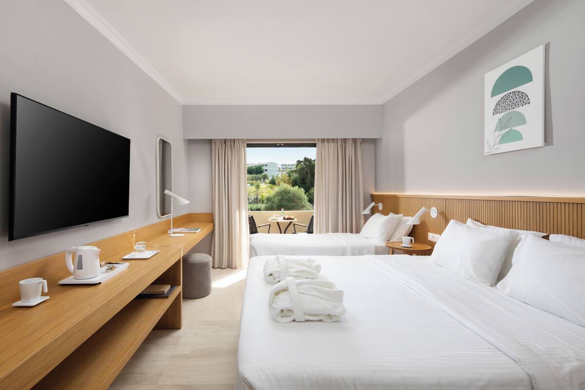 Camera con letto matrimoniale o 2 letti singoli, vista giardino | Minibar con snack e bevande gratuite, una cassaforte in camera