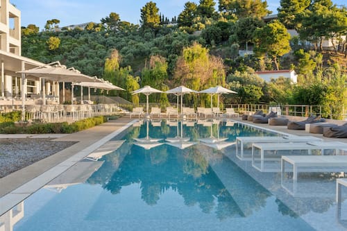 Outdoor pool, pool umbrellas, pool loungers