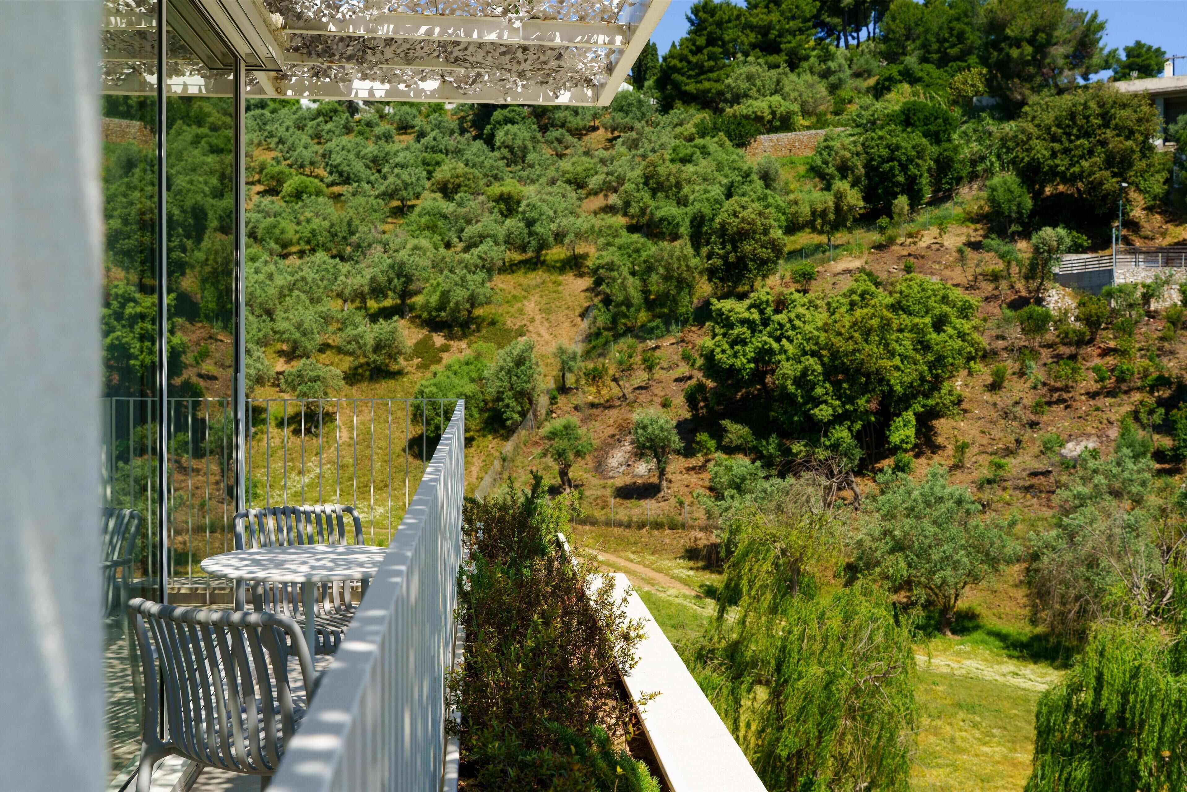 A terrace with metal chairs and a table, overlooking a hillside with dense greenery and trees.