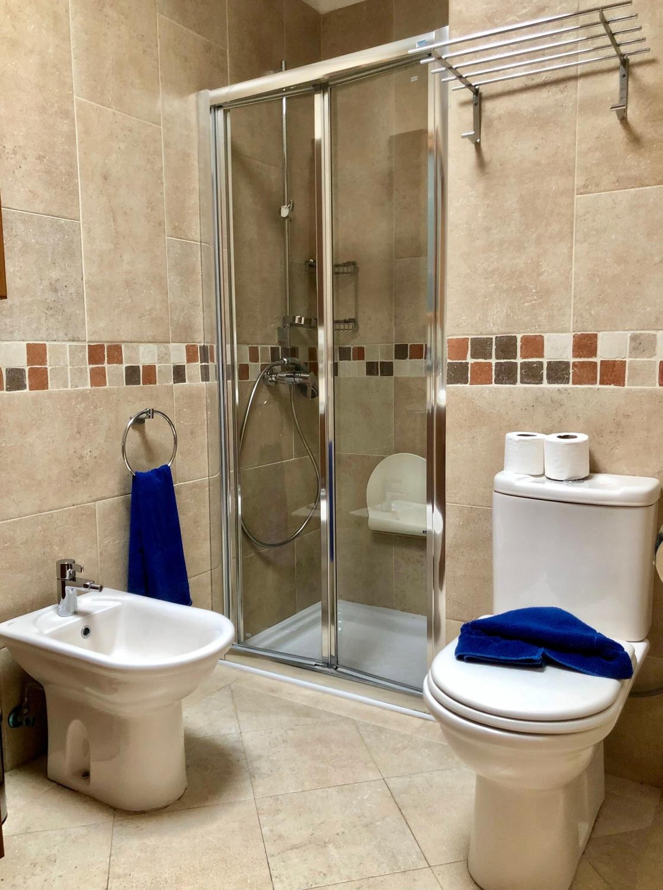 A bathroom with a glass shower enclosure, a bidet, a toilet, and a towel rack.